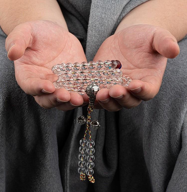 8-12mm White Crystal Buddhist Beads with Glass Rosary & Vajra Accessories.