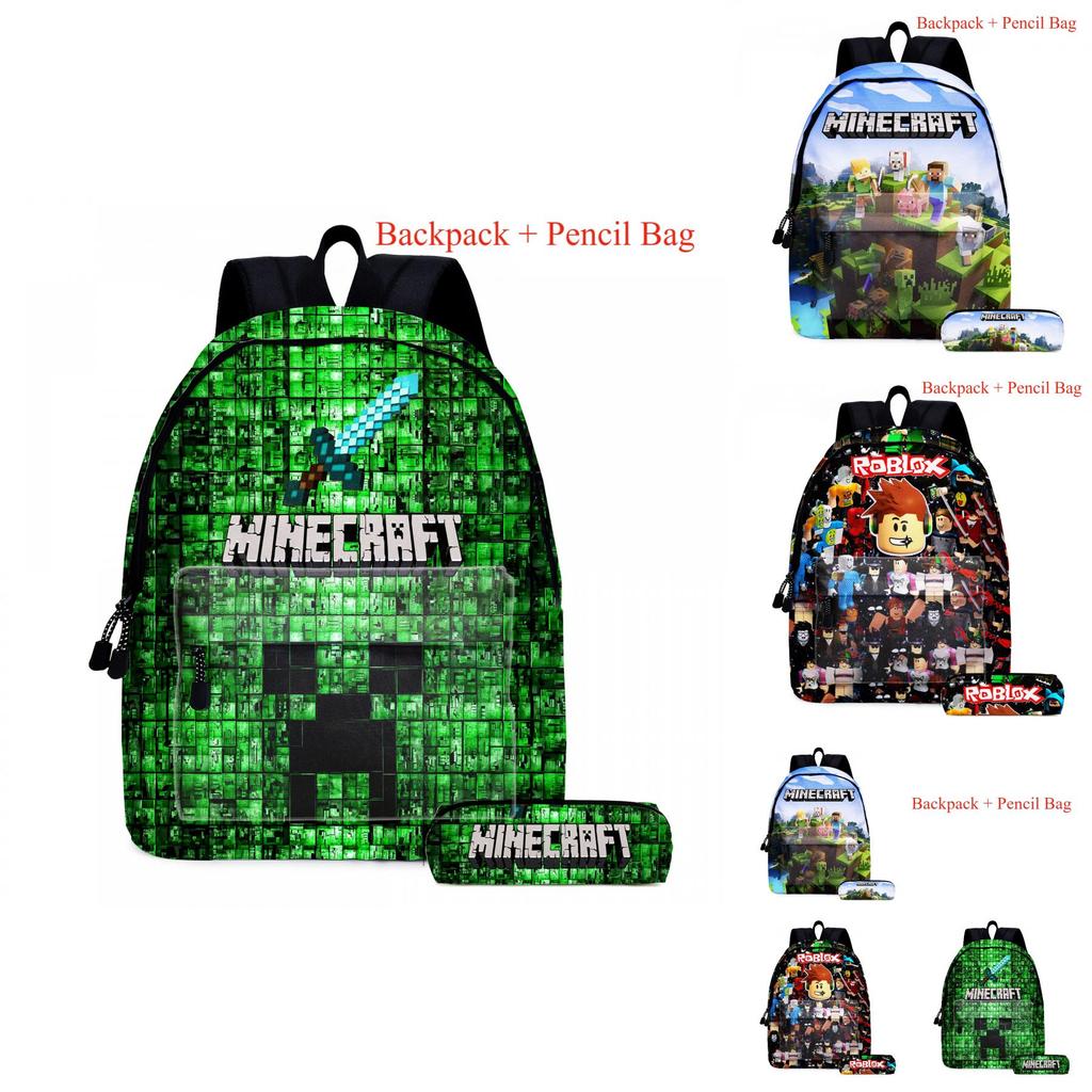 Minecraft-themed Printed Backpack With Pencil Bag For Boys' Travel