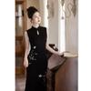Black new Chinese woven embroidered long Hong Kong style sleeveless cheongsam 1011 summer new high-end banquet cheongsam