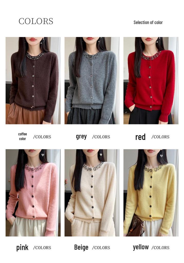 2026 Autumn/Winter Women's Pure Wool Round Neck Rhinestone Knit Cardigan Sweater