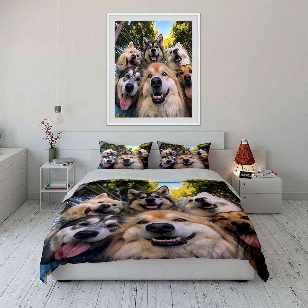 Dogs' Happy Group Photo Pattern Duvet Cover Set Digital Print Colorful Polyester Bedding with Zipper Closur for Kids Gifts