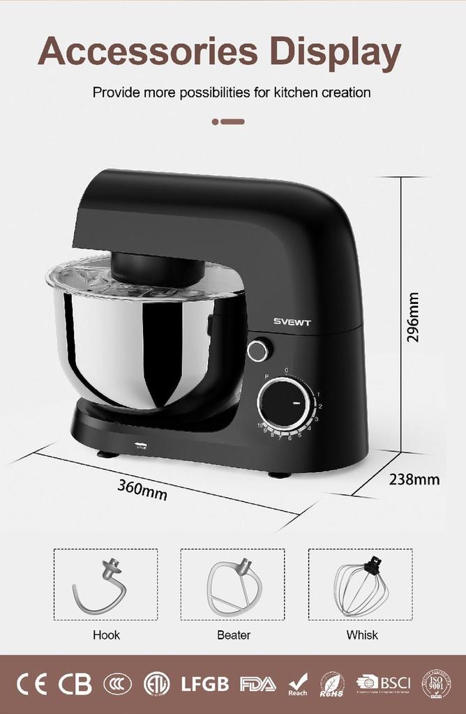 SVEWT 1500W Food Mixer, with 5.5QT Stainless Steel Bowl, Dough Hook, Beater and Whisk, 10 Speeds for Baking Mixing, Black - EU Plug