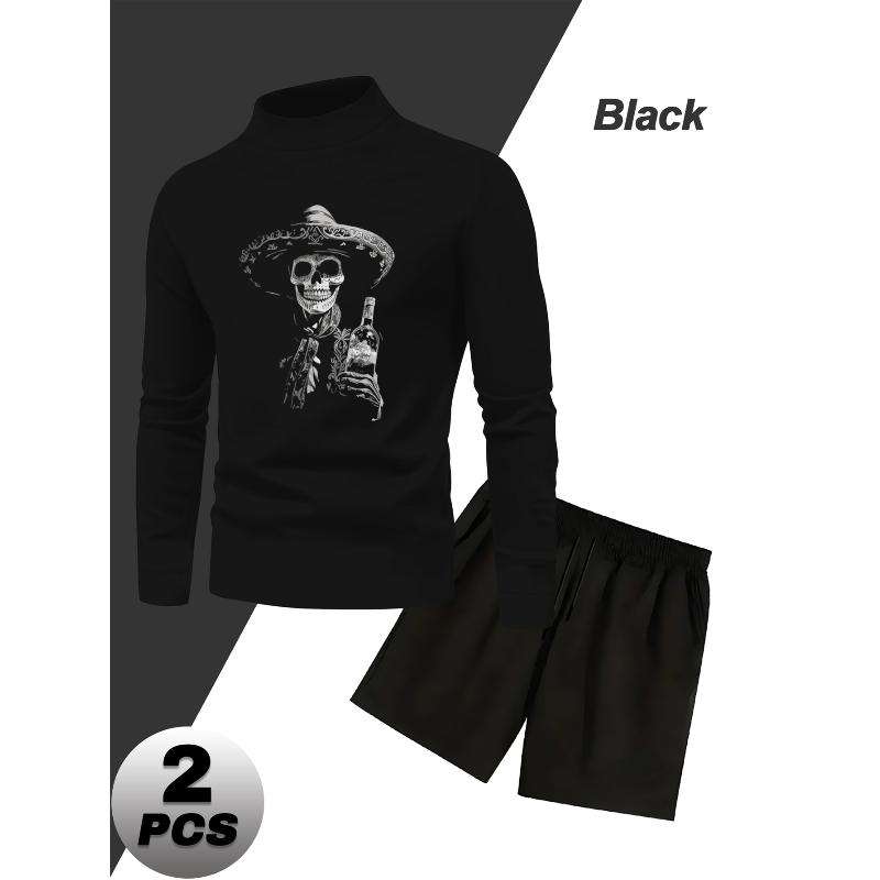 

Tracksuit Mock Neck Long Sleeve Shirt and Shorts Summer Casual Wear XXL чорний