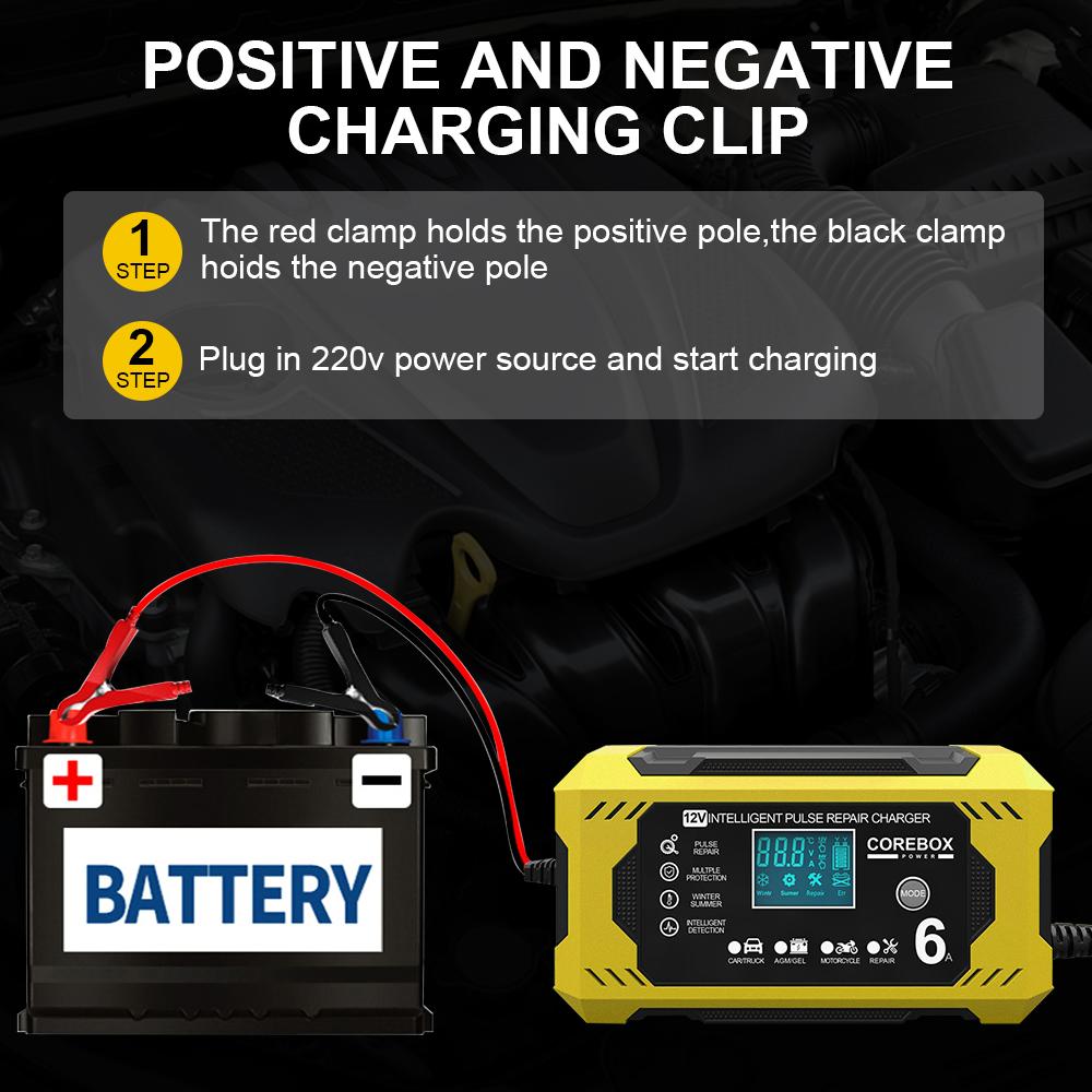High Power For Motorcycle SUV Truck Pulse Repair Battery Charging Intelligent LED Display Smart Car Battery Charger Multifunctional 12V/6A