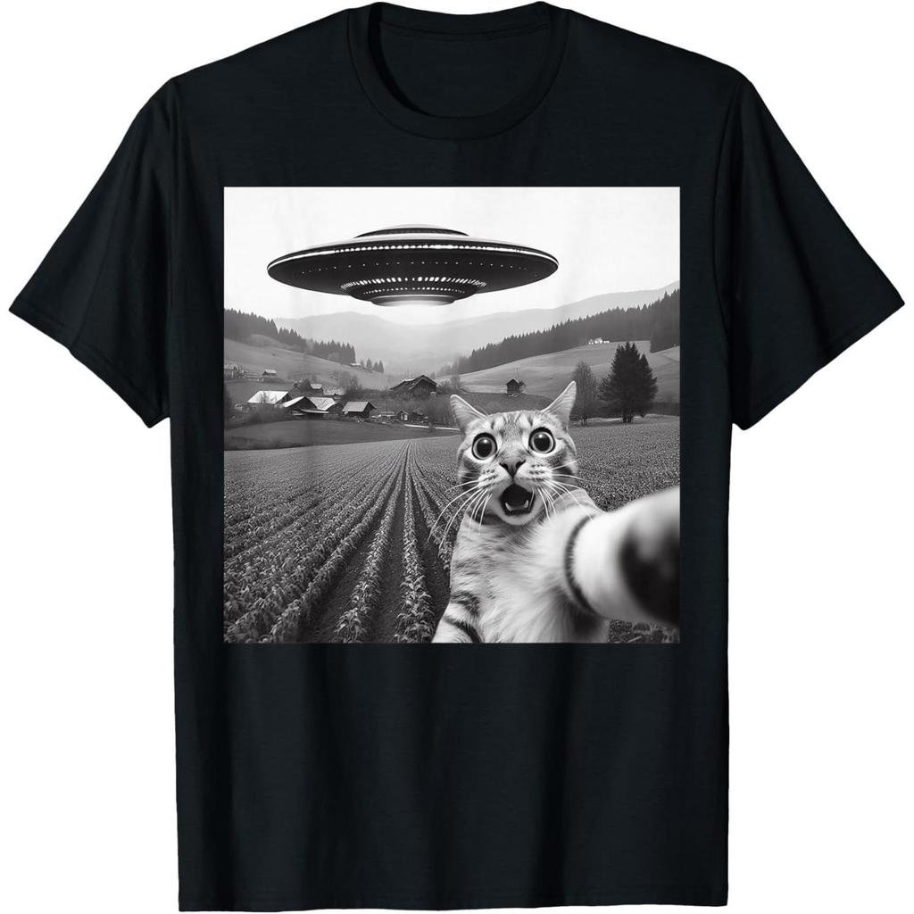 Selfie di Gatto con UFO Alieno Spazio Umorismo Regalo Grafica Maglietta Unisex