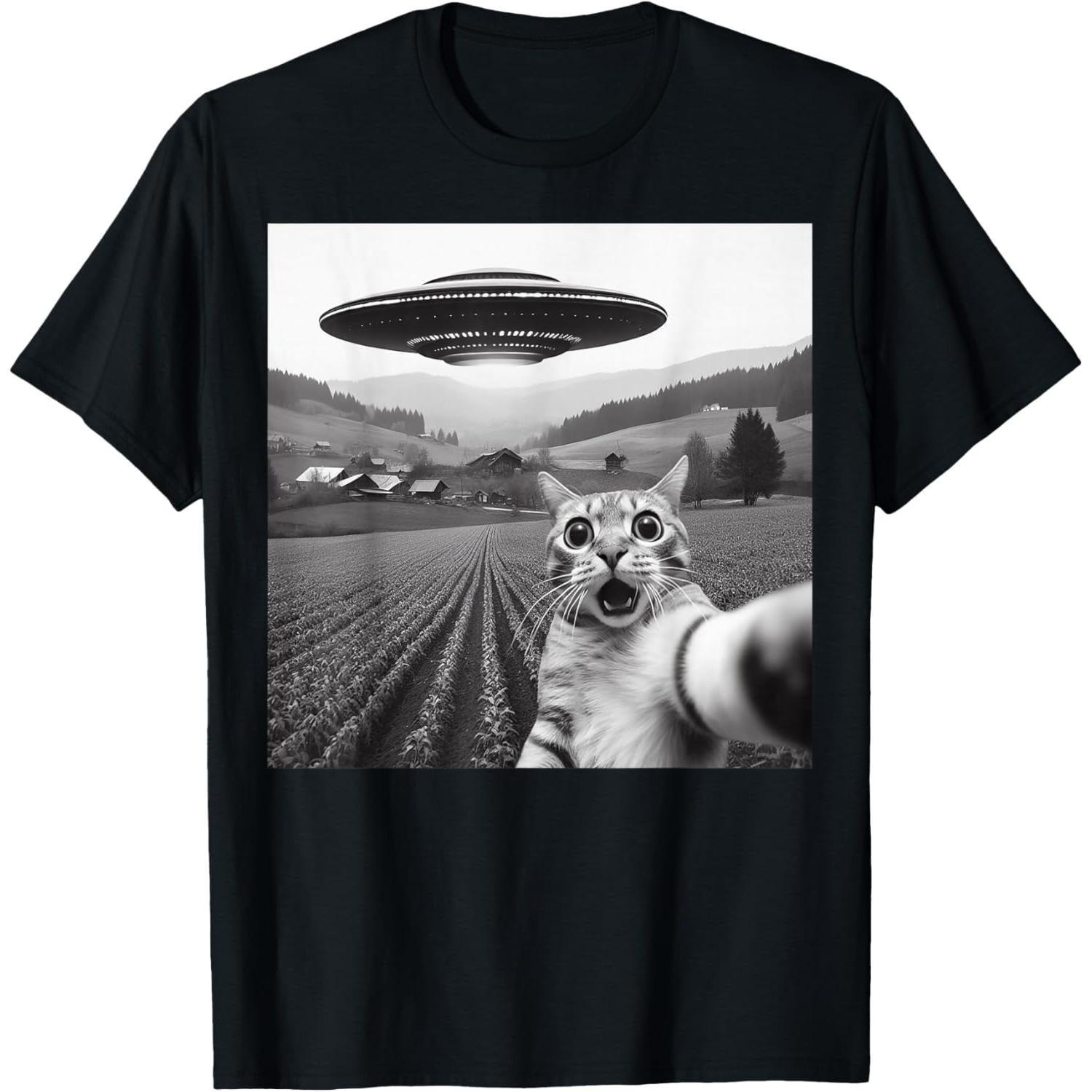Cat Selfie With Alien UFO Space Humor Gift Graphic Unisex Shirt S разноцветный