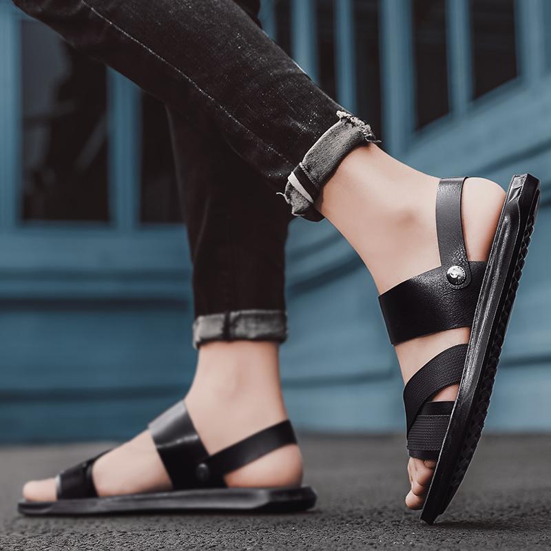Men Casual Shoes Summer Beach Shoes Men Sandals Leather Black Sandals for Men Outdoor Soft Casual Shoes Flats Shoes Men Slipper