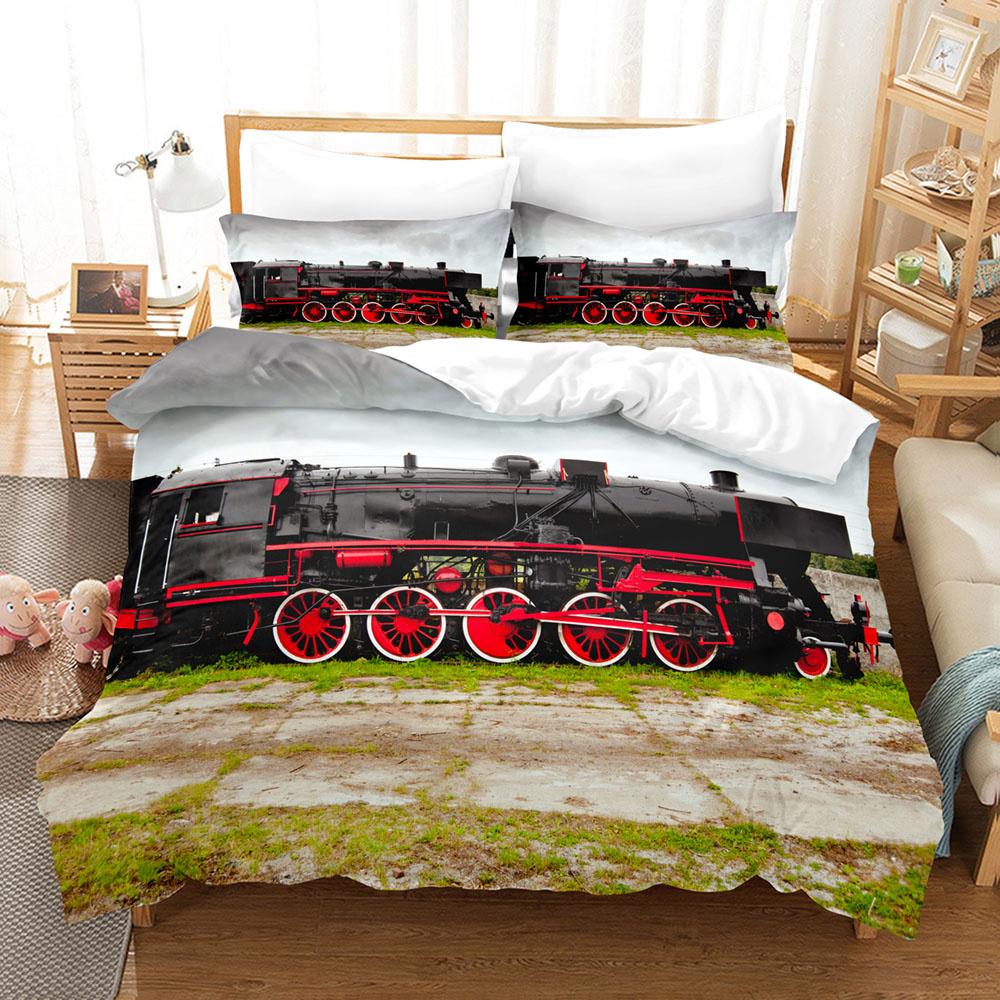 Steam Engine Duvet Cover Set Locomotive Green Black Train On Steel Railway Track Travel Adventure Graphic Print King Queen Size