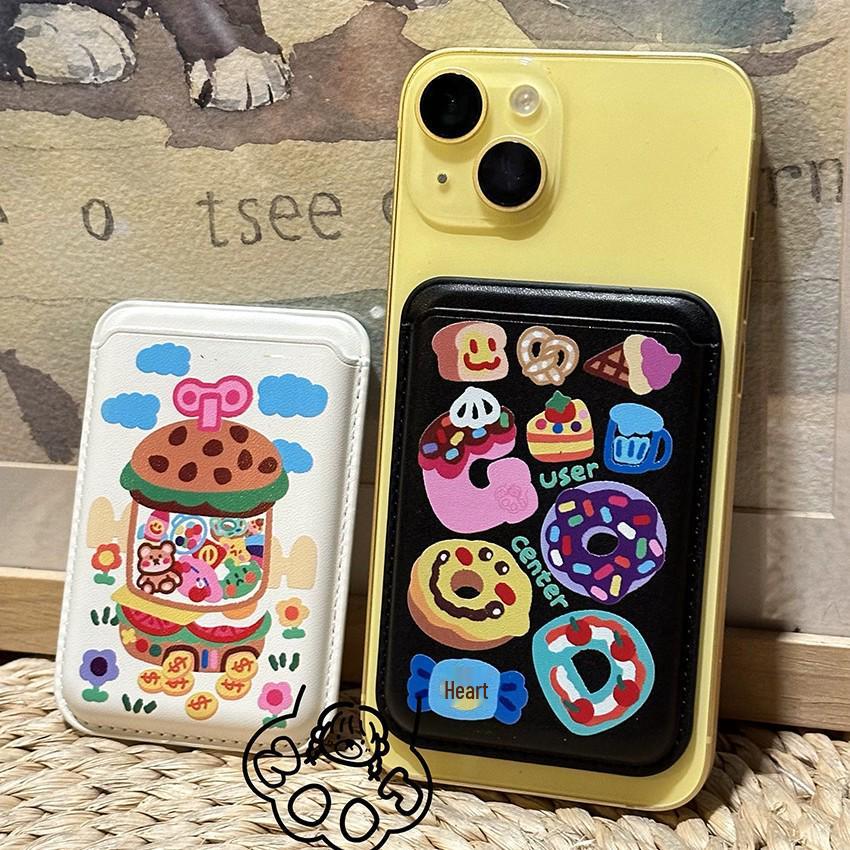 Cartoon Burger Dessert MAGsafe Card Holder Leather Case for Apple Phones