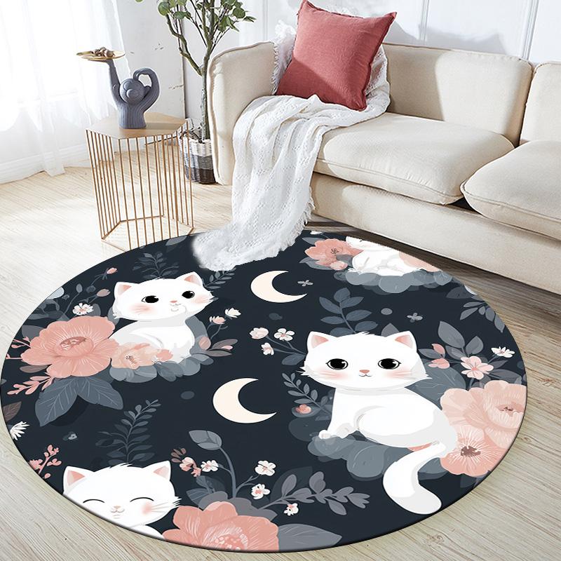 Flat Style Cat,Round Area Rug,Carpet Rug for Living Room Bedroom Sofa Playroom Decor,Non-slip Floor Mat