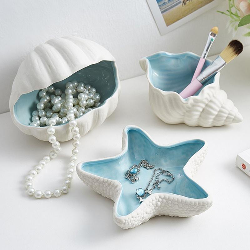 Elegant Coastal Themed Ceramic Dish For Jewelry Storage Makeup Vanity Tabletop Decorative Display Tray
