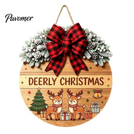 Indoor Outdoor Porch Ornament Christmas Wooden Welcome Sign for Front Door, Round Hanging with Handmade Craft Artificial Pine Branches & Bow