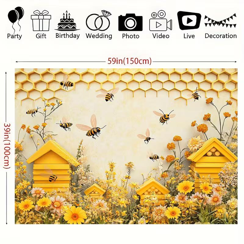 2D Bee Honeycomb Backdrop Yellow Floral Bumblebee Photography Background