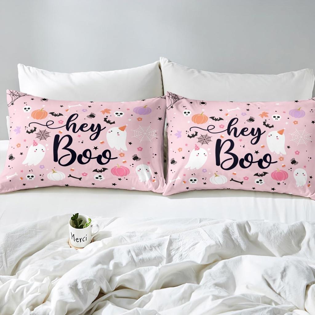 Pink Ghosts Duvet Cover Set Single Size Halloween Theme Bedding Set 2/3pcs Kids Girl Room Decor Gothic Skull Spider Bat Pumpkin