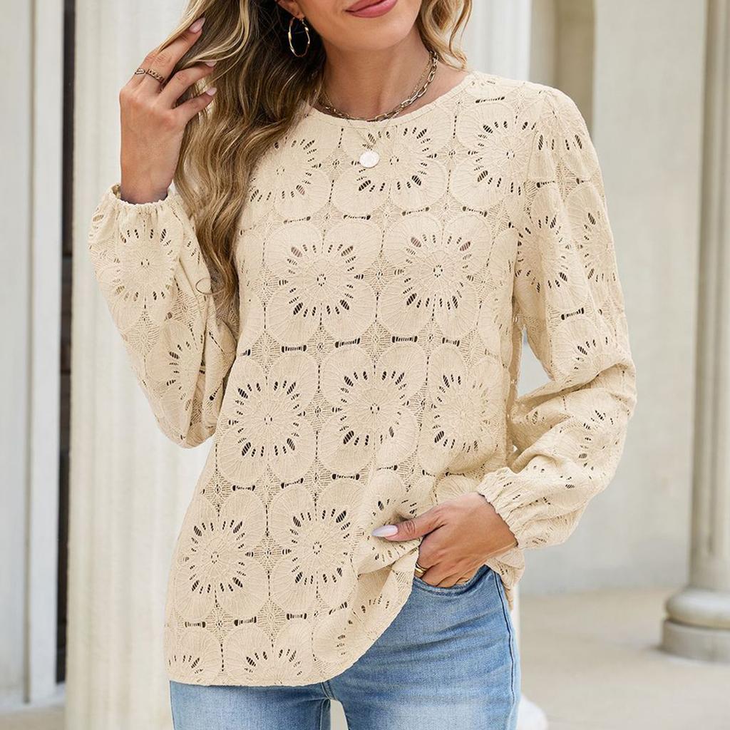 Women Long Sleeve Hollow Out Lace Top Crew Neck Loose Fit Blouse Floral Pattern Casual Shirt for Everyday Wear