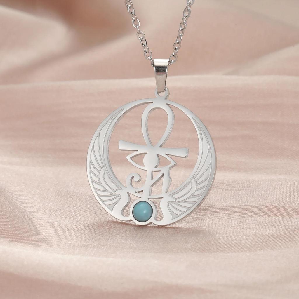Ancient Egyptian Symbol Horus Eye Pharaoh Protection Amulet Talisman Pendant Necklace Blue Rhinestone Men Women Stainless Steel Chains Jewelry Gifts