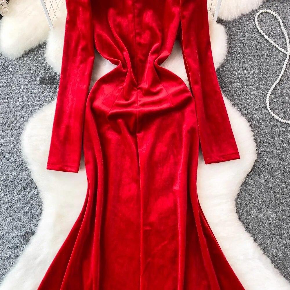 Autumn Winter Luxury Pearls Necklace Velvet Mermaid Dress Women's Stand Long Sleeve Sparkling Sequins Split Wedding Party Robe