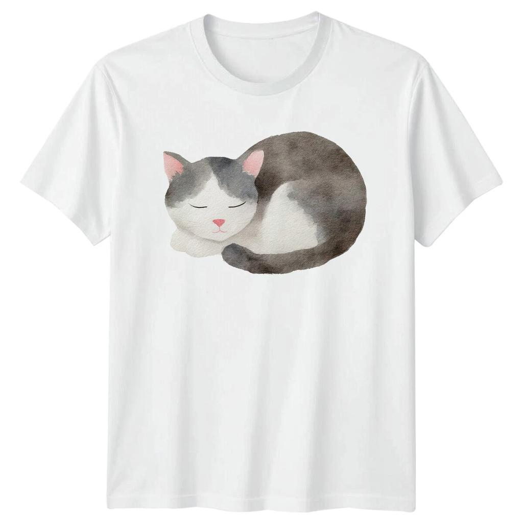 Sleeping Cat Pet Animals Mens T-Shirt Womens Unisex Top Watercolor Feline