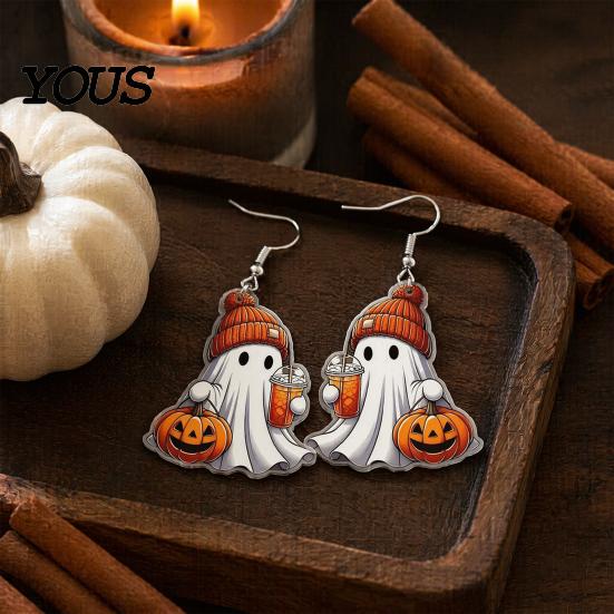 Skin Friendly Earrings 1 Pair White Ghost Pumpkin Drink Earrings, Gothic Hip Hop Halloween Drop Cute Novelty Jewelry Gift for Women Party Accessories