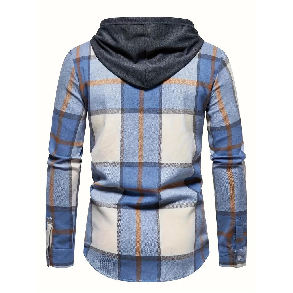 Men's Striped Plaid Casual Loose Button Lapel Long Sleeve Hooded Cardigan Shirt Jacket