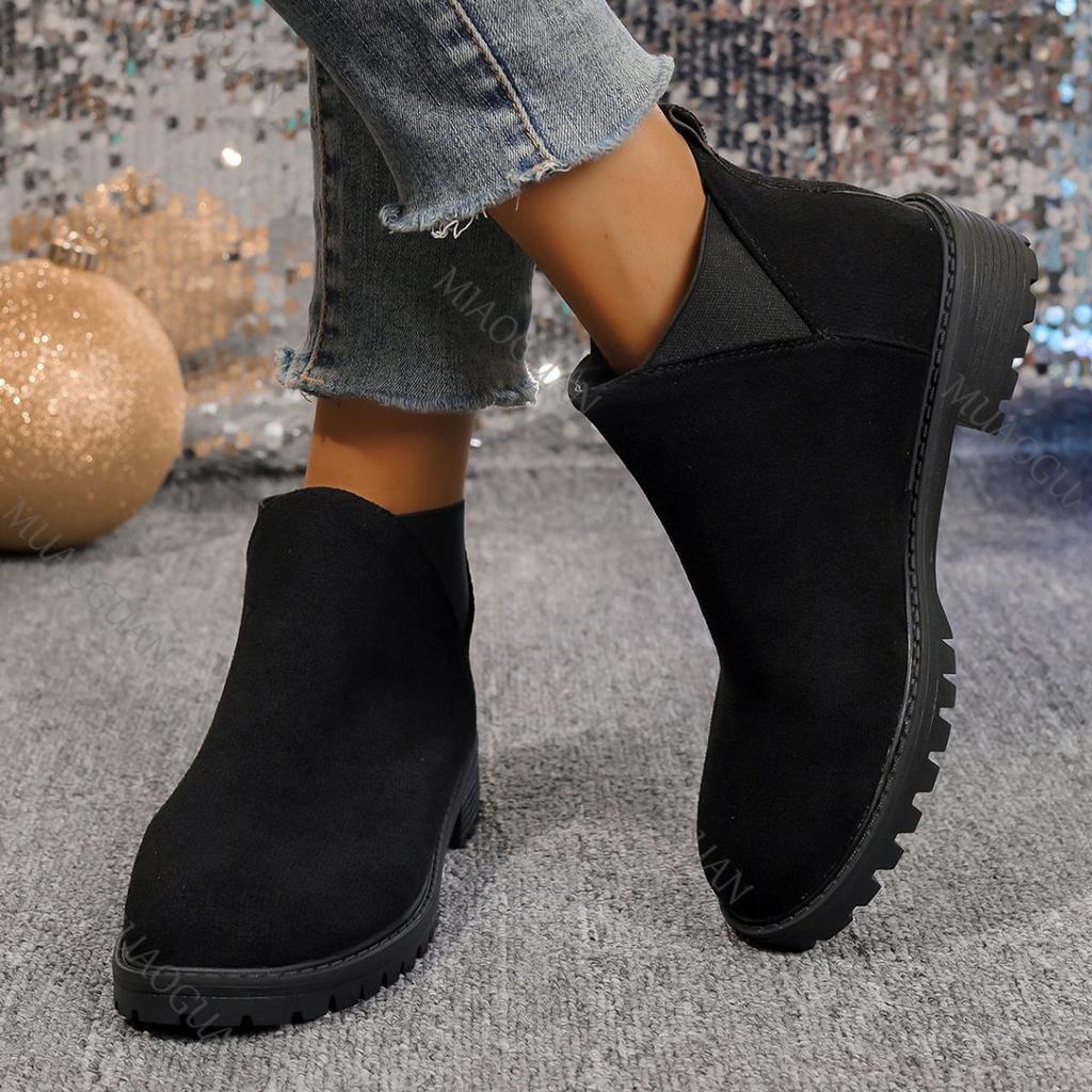 Fashion Women's Ankle Boots Suede Leather Women Round Head Thick Low Heeled Woman Shoes Casual Autumn Slip on Gladiator Bottes Femmes