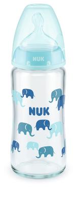 NUK Premium Choice Baby Bottle Elephant Blue 240ml for Ages 0 Months and Up With Temperature Scale Made of Glass FDNK10745143B