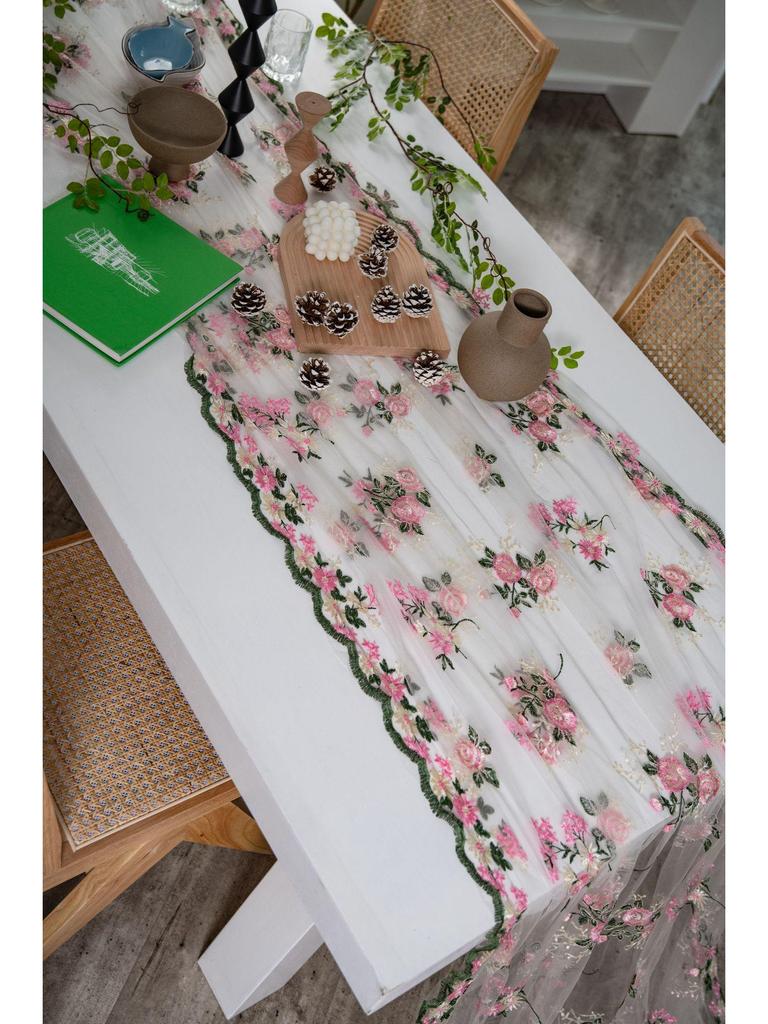 Imanqi Yun Pink Floral Embroidered Tablecloth and Cake Photography Backdrop