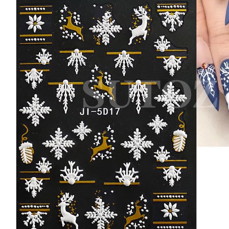 

5D рождественские тисненные наклейки для ногтей, белые снежинки, слайдеры для ногтей, милый мультяшный медведь, перчатки, дизайн свитера, наклейки