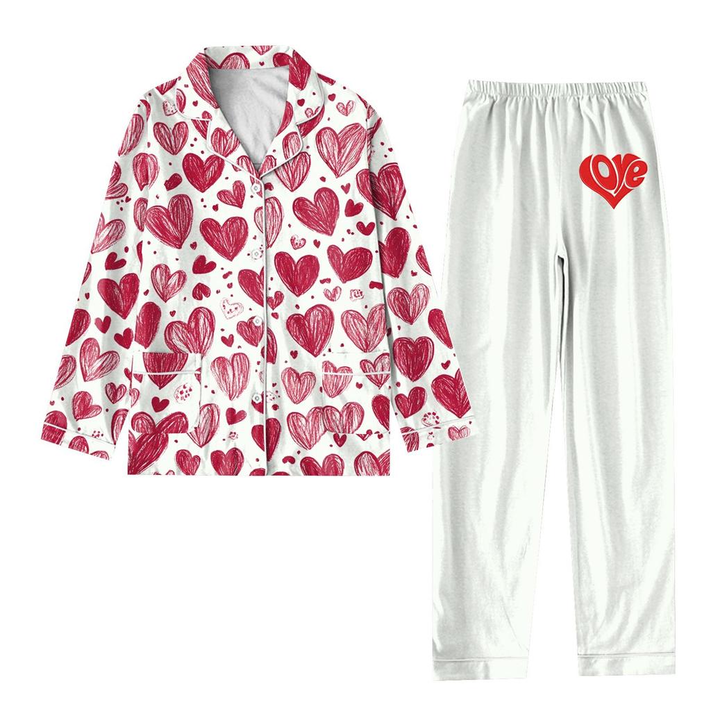 2-teiliger bedruckter Damen-Anzug, langärmelig, Oberteil mit Knopfleiste, weite Hosen, Anzug-Set, Schlafanzug, Home-Casual-Anzug