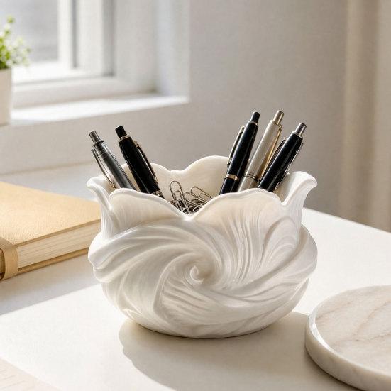 3D Printed Flower Petal Storage Box, Matte White Jewelry & Makeup Organizer, Large Capacity Wide-Mouth Holder for Makeup Brushes Keys Stationery,