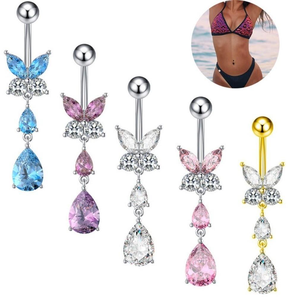 Zircon Crystals Butterfly Belly Button Ring Stainless Steel Dangled Navel Ring Daily Use