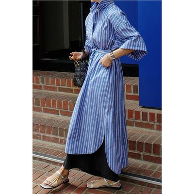 Women's Striped Shirt Dress New Summer Style Three-quarter Sleeve Slimming and Age-reducing Simple Style Casual Long Skirt