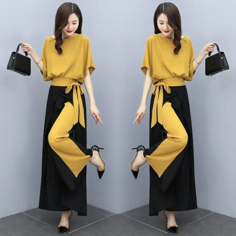 

Wide-leg Pants Suit Women s Summer Temperament Goddess Fan Fashionable Drape Western Style Slim Two-piece Suit 3XL жовтий