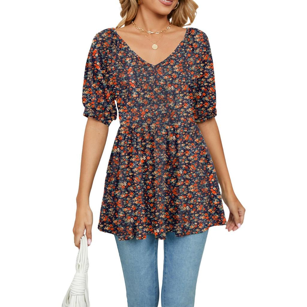 Summer Women's T-shirt V-neck Printed T-shirt Bubble Short Sleeve Drawstring Tops