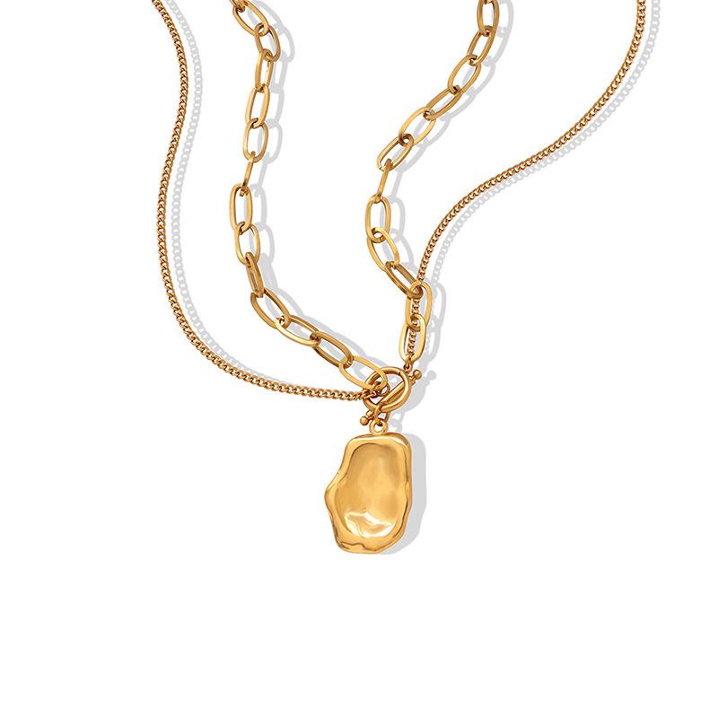 Gold Plated Titanium Steel Double Layer Irregular Pendant Necklace - European & American Hip Hop Style Clavicle Chain
