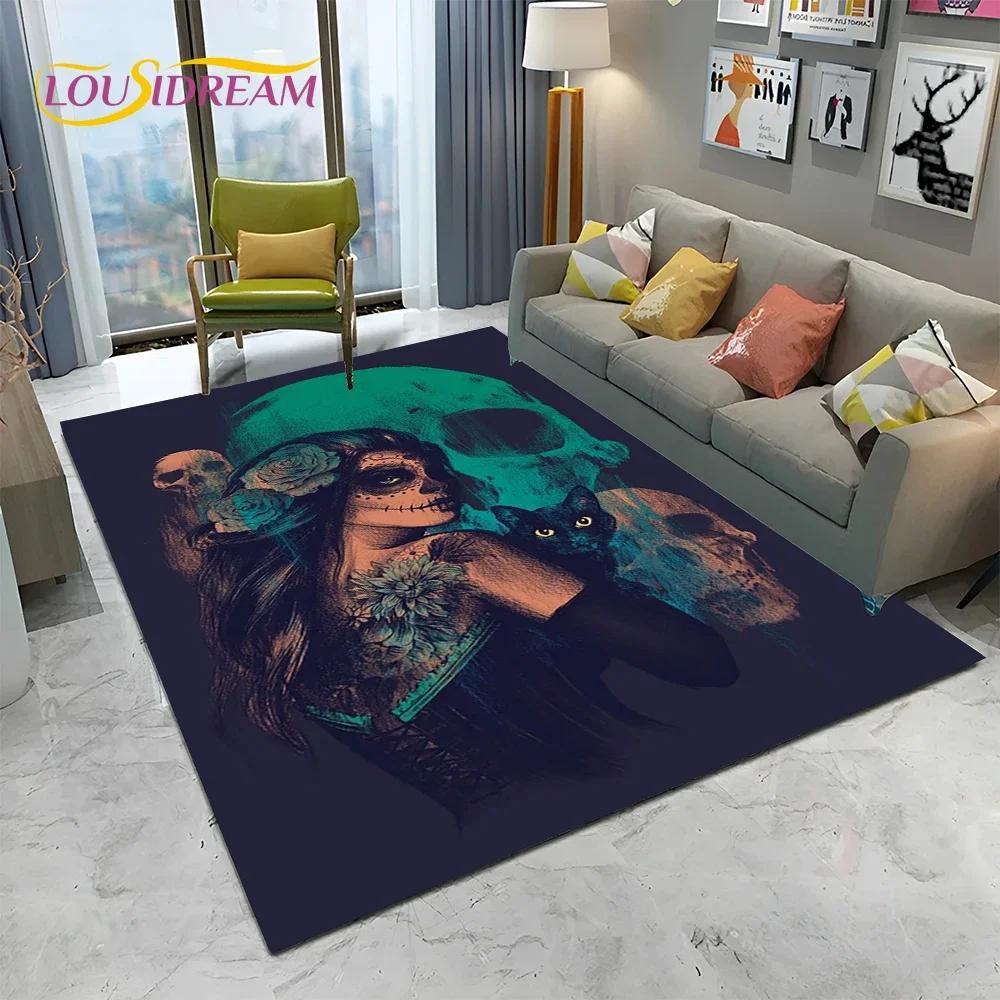 Horror Gothic Female Skull Dead Girl Teppich Teppich für Zuhause Wohnzimmer Schlafzimmer Sofa Fußmatte Dekor, Kinderbereich Teppich rutschfeste Bodenmatte