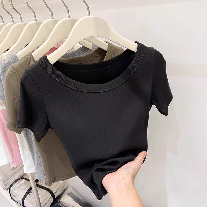2025 Summer Simple Solid T Shirts Women’s O-neck Short-sleeve White T-shirt Casual Slim Elastic All-match Y2k Tops Women Clothes