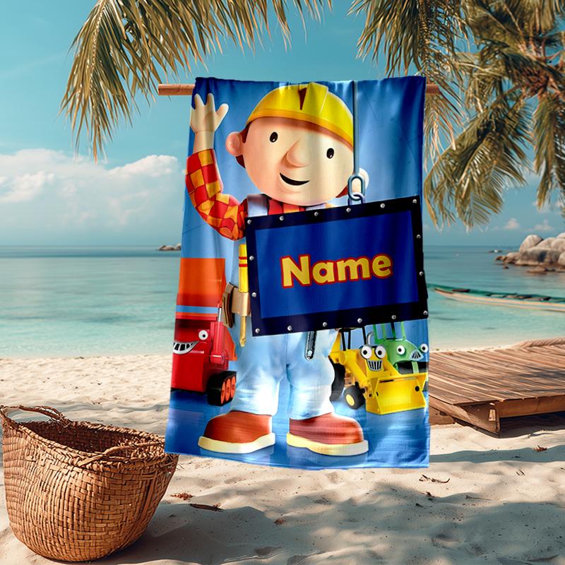 Personalisierbares, ultraweiches Strandtuch mit Bob der Baumeister-Thema, Ideal für Pool - Camping, Tauchen - Perfekter Reisebegleiter, Lebendiges Strandtuch.