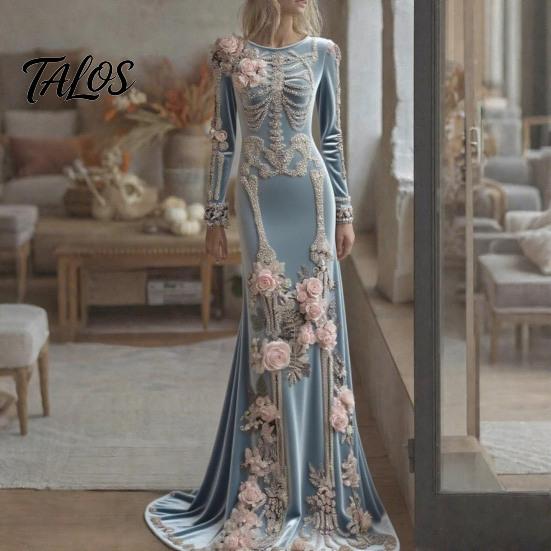 Disfraz Cosplay de Halloween para Mujer con Estampado de Esqueleto Vestido Largo, Vestido Largo Gótico con Mangas Largas y Decoración de Flores 3D para Actuación en Escenario, Terciopelo Floral para Fiesta