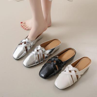 Mode Damen Design Silber Mary Jane Halbschuhe Eckige Zehensandalen 2024 Neu Kreuz Hohl Zehentrenner Freizeitschuhe Pantoletten Ballerinas Pantoletten