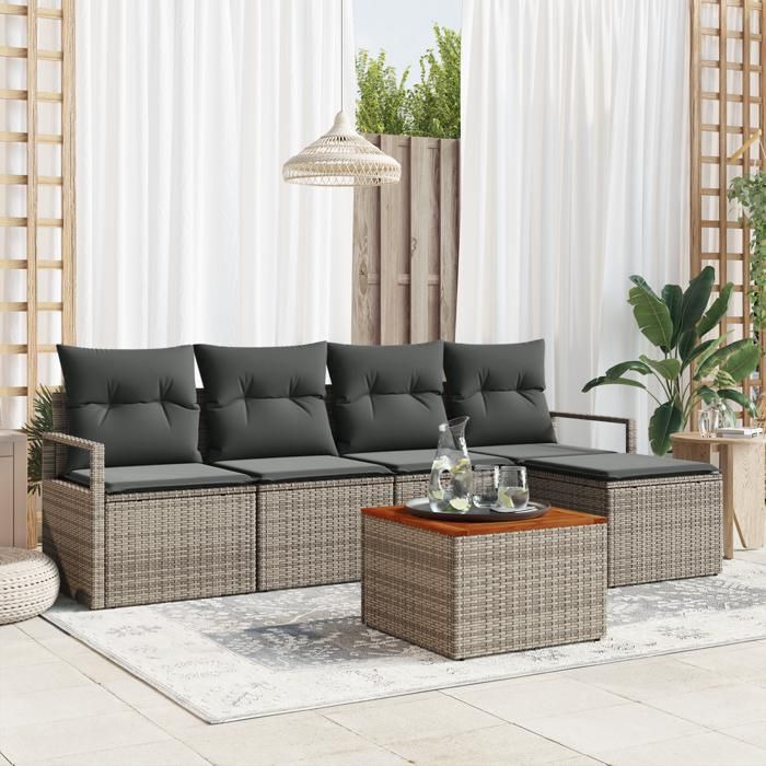 Ensemble de canapé de jardin en 6 pièces avec coussins gris poly rotin acacia, Canapé de jardin 2 places avec coussins gris 3347692