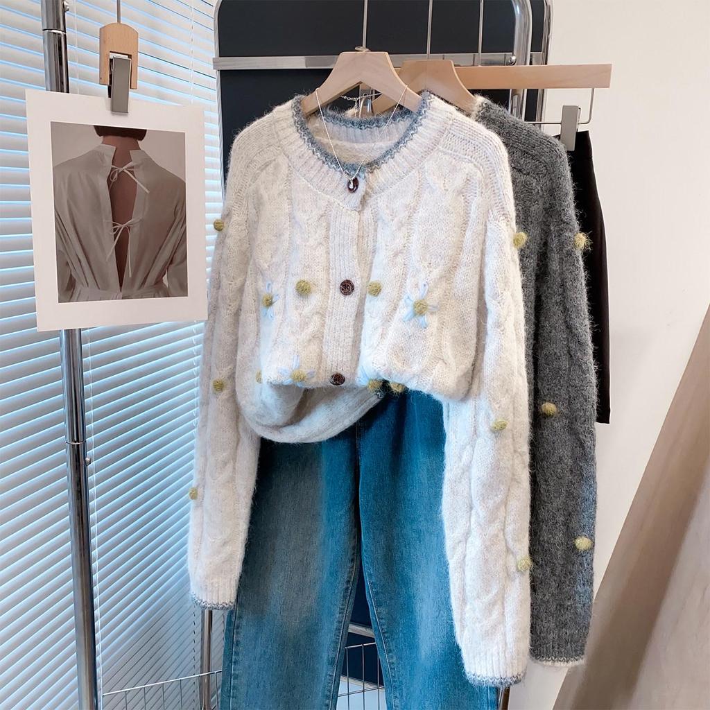 Handmade Floral Round Neck Sweater Coat for Women - 2026 Autumn/Winter Loose Lazy Style Thick Knit Cardigan