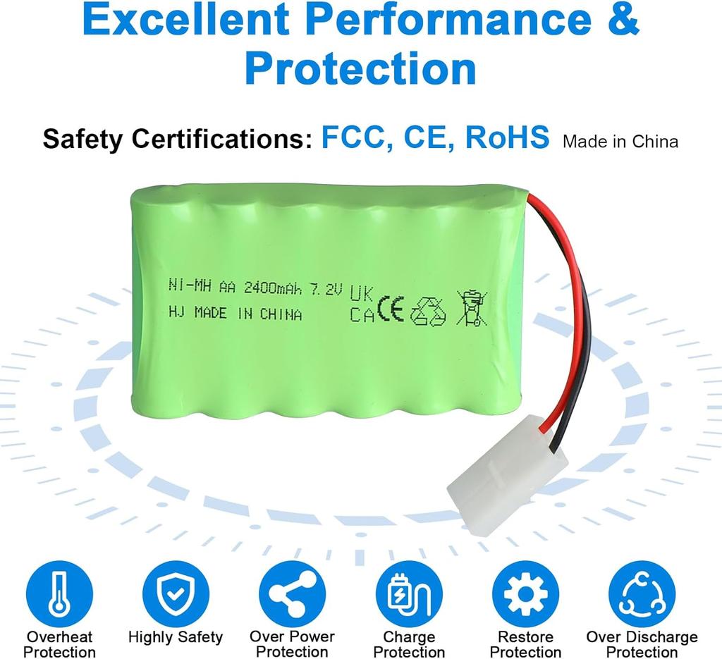7.2V 2400mAh NiMH Rechargeable Battery with Tamiya KET 2P Connector and USB Cable – 6 Cell AA Pack for RC Cars, Trucks