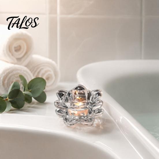 Talos Crystal Lotus Flower Tealight Candle Holders, Glass Tea Light Candlestick Decor with Deep Grooved Plate, Multifunctional Decoration for