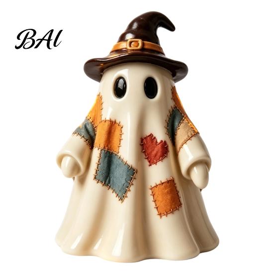 Halloween Tabletop Ornaments Lighted Vintage Patchwork Ghost, LED Light Up Ghost with Pumpkin Lantern, Spooky Indoor Party Supplies Cute Decor