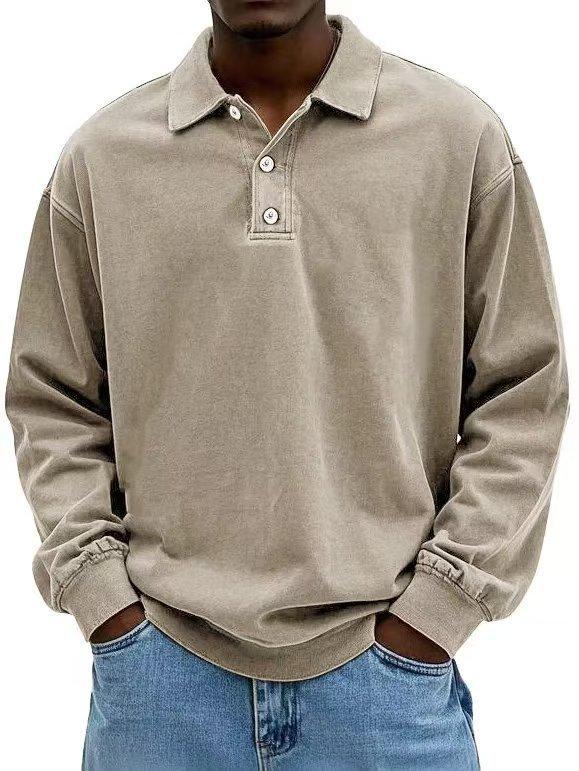 Men's Long Sleeve Polo Shirt Button Collar Relaxed Fit Casual Everyday Top