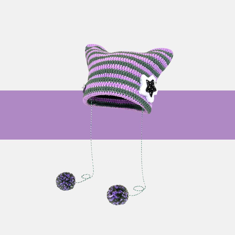 

Yabi Женская полосатая вязаная шапка с кошачьими ушками - Y2K Милый корейский стиль, теплая осенне-зимняя шапка-пуловер