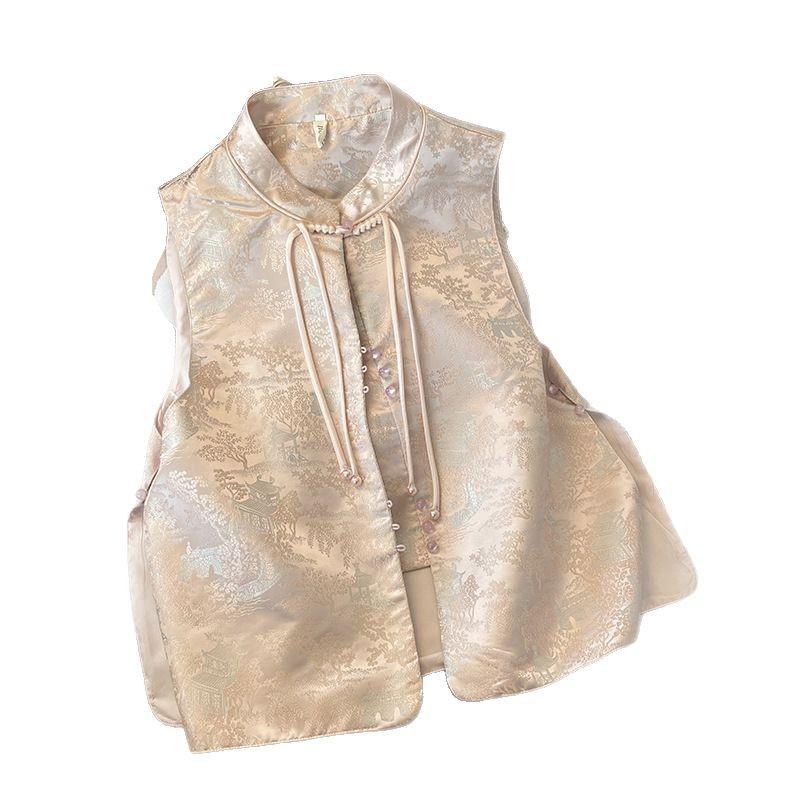 2025 buckle round neck jacquard brocade weave gold embroidered vest with women's vest top