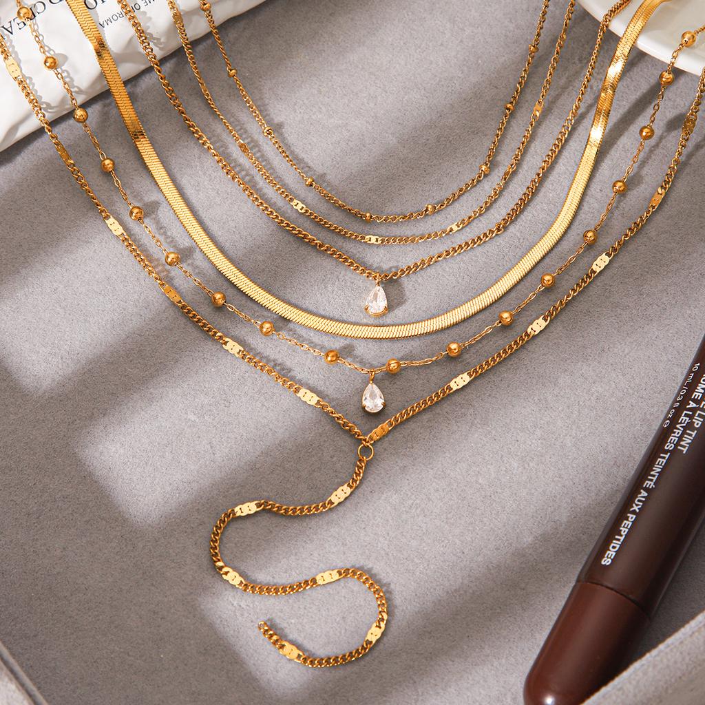 Niche design multi-layer necklace, titanium steel plated with 18k gold, non-fading, teardrop zircon, Y-chain, layeravicle chain