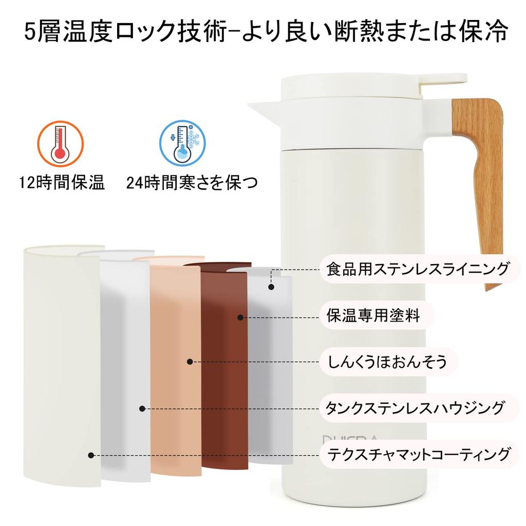 DUIERA 1.5 Liter Thermos Pot, Insulated, 1500ml, Stylish Stainless Steel Tea Pot with Wooden Handle and Lid, Tabletop, White